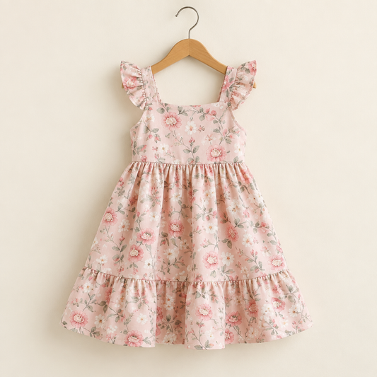Blush pink floral children's dress on a hanger